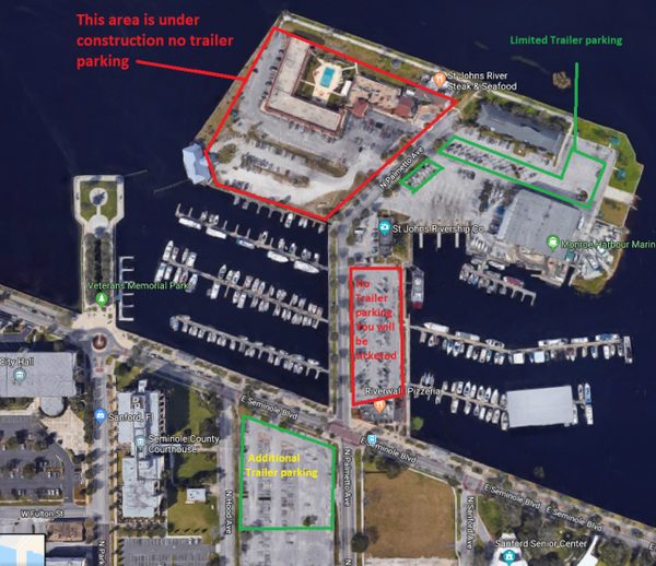 Aerial view of Marina Island and the Sanford waterfront, showing the ramps and trailer parking.